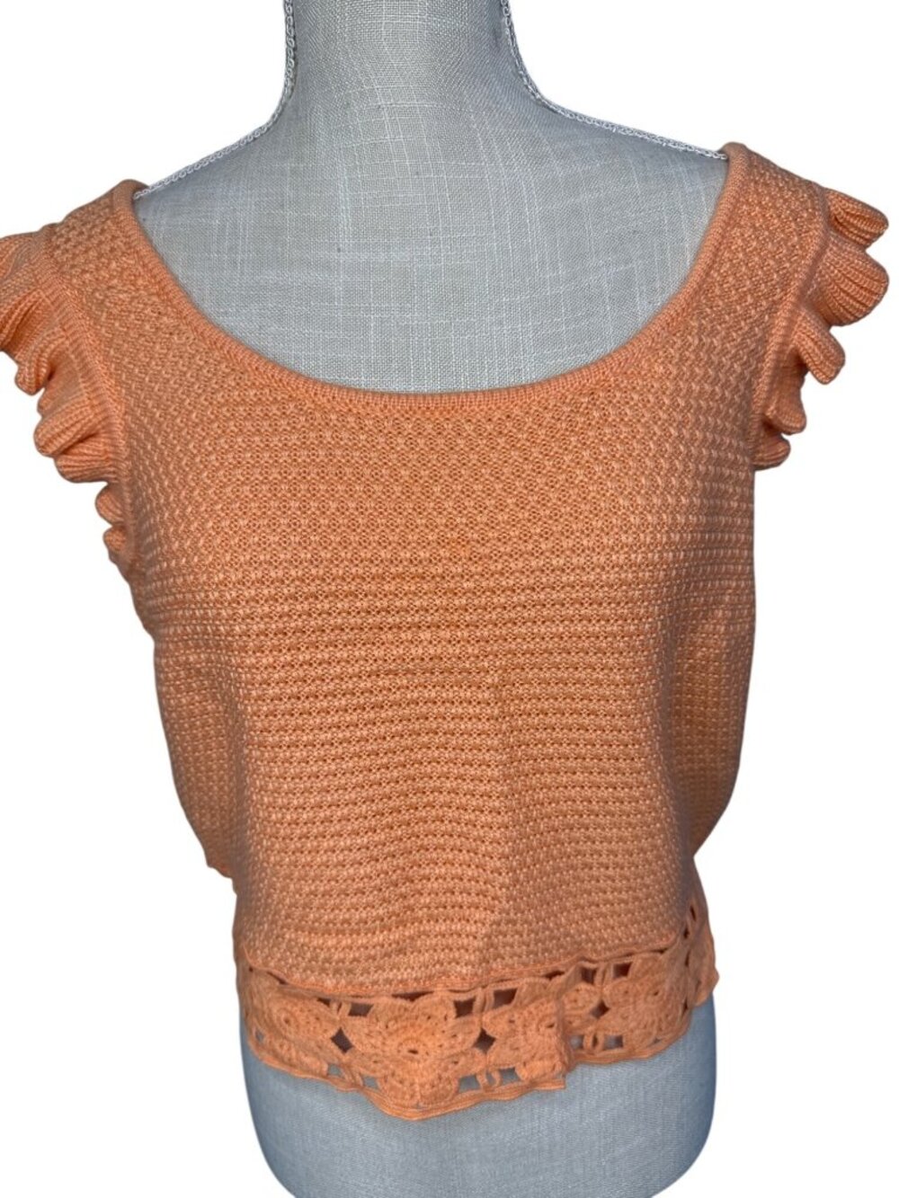 Madden NYC XXL Peach Knit Tank Top With Ruffle Sleeves & Crochet Hem